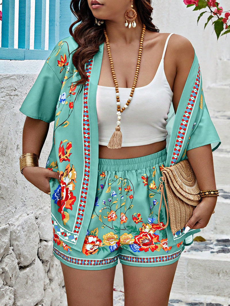 Conjunto Feminino de Kimono e Short com Bolsos - Vitória. Plus Size