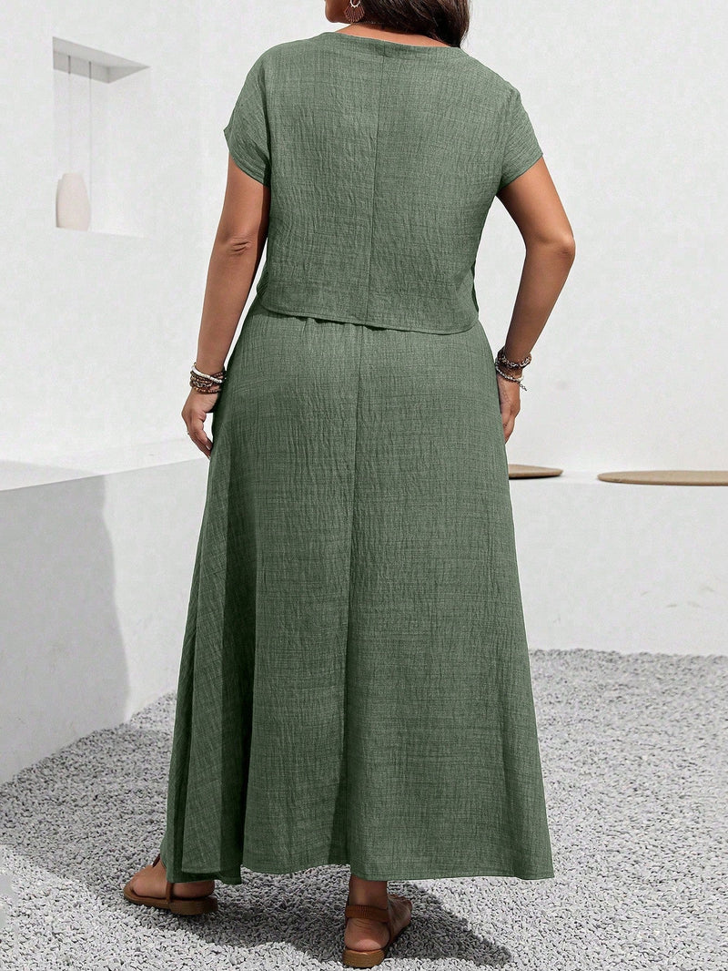 Conjunto feminino, Blusa e saia com decoração de bolso Rosana. Plus Size