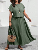 Conjunto feminino, Blusa e saia com decoração de bolso Rosana. Plus Size