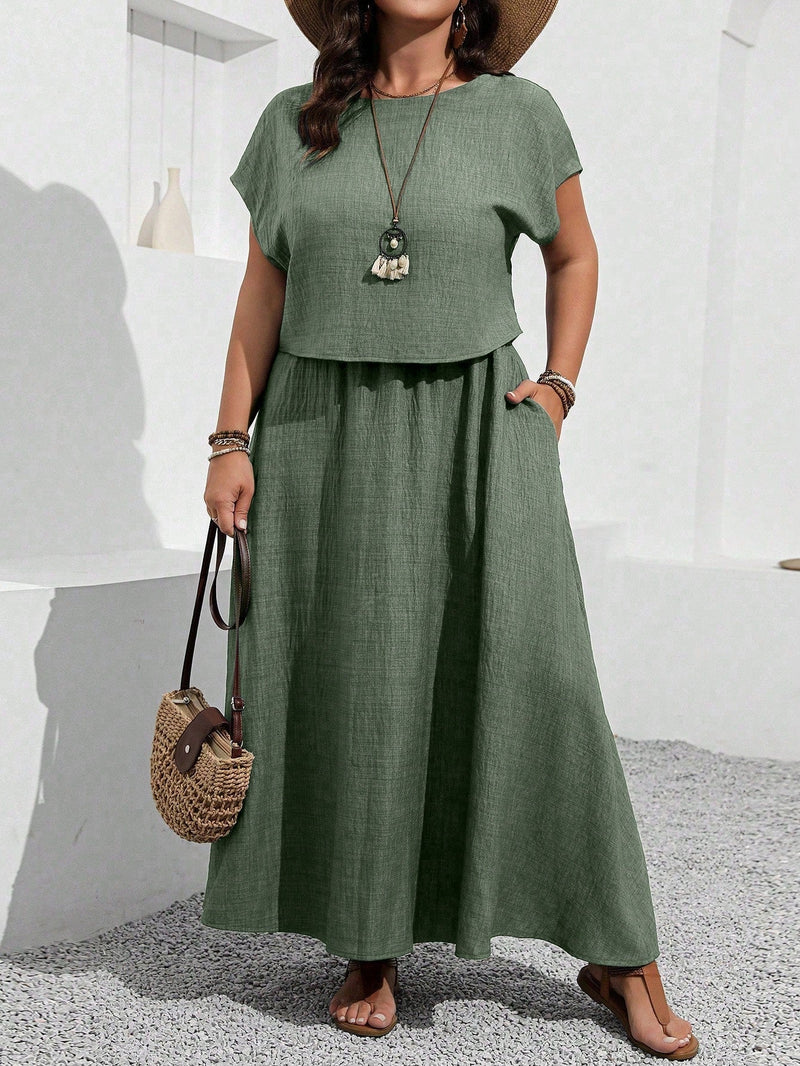 Conjunto feminino, Blusa e saia com decoração de bolso Rosana. Plus Size