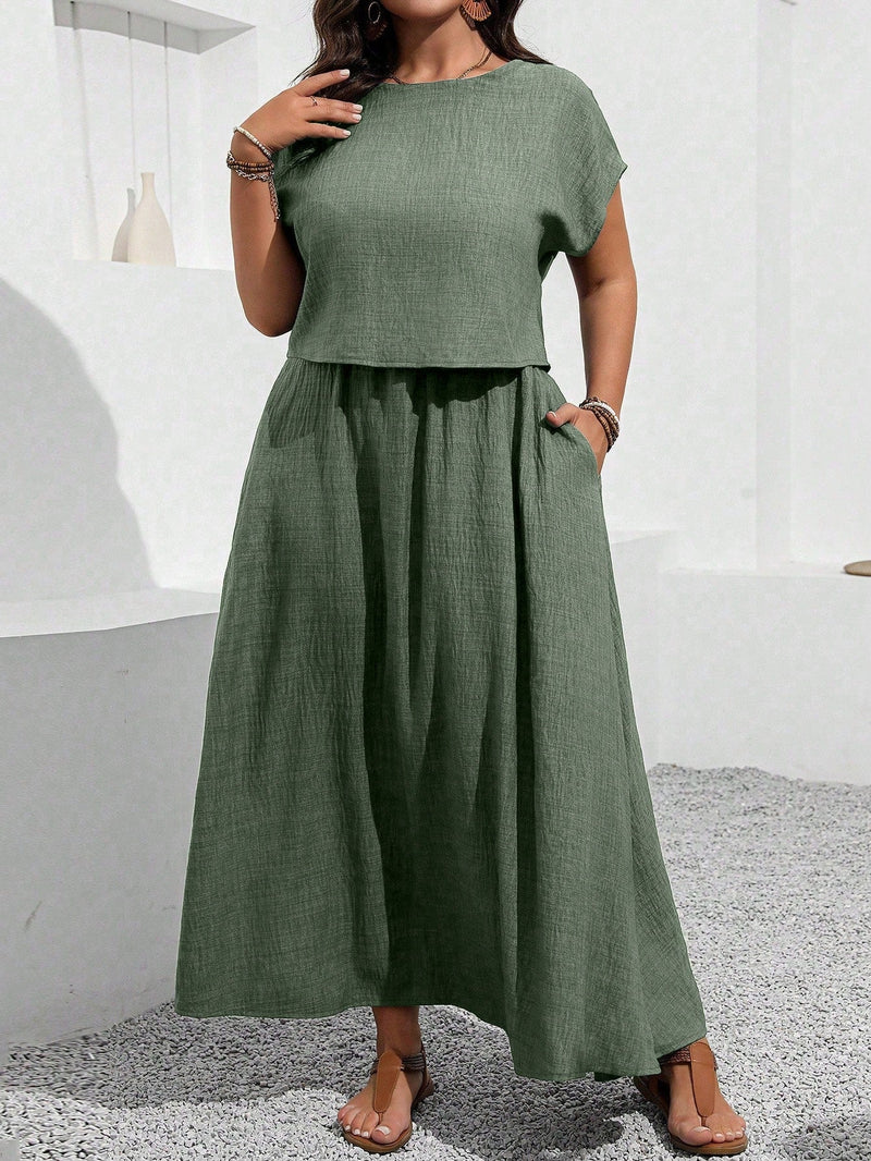 Conjunto feminino, Blusa e saia com decoração de bolso Rosana. Plus Size