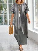 Conjunto feminino con blusa estampada assimétrica Flavia. Plus Size