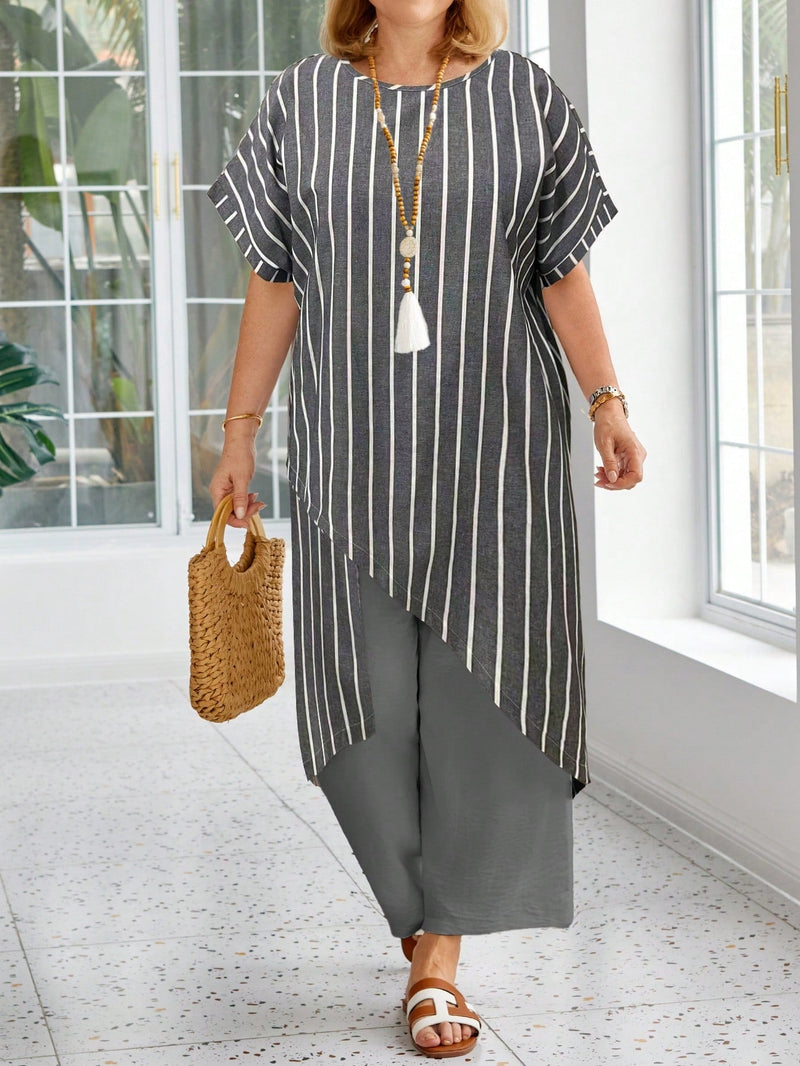 Conjunto feminino con blusa estampada assimétrica Flavia. Plus Size