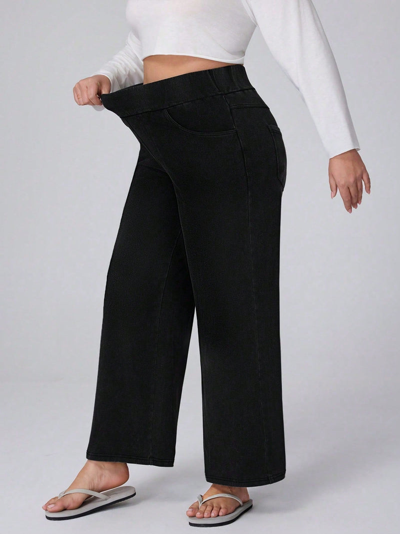 Calça Jeans de Caimento Solto de Malha Elástica - Dona. Plus Size