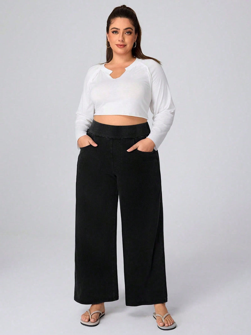 Calça Jeans de Caimento Solto de Malha Elástica - Dona. Plus Size