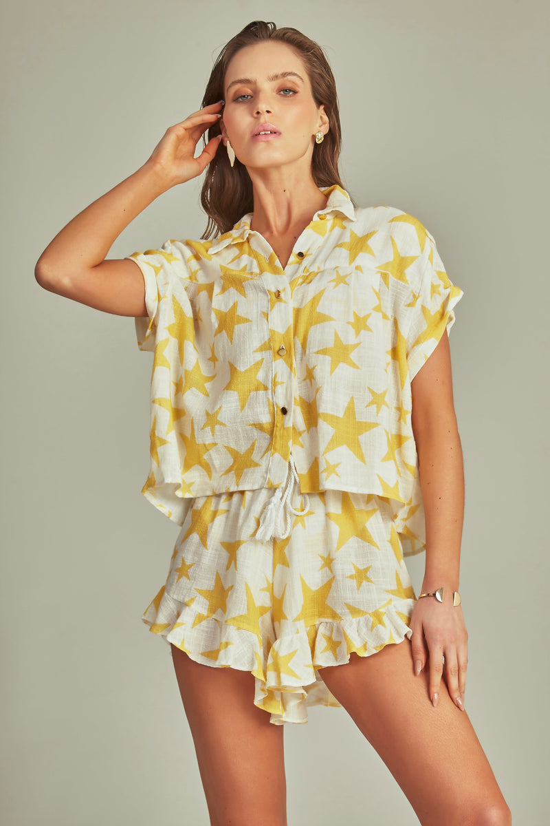 Camisa Cropped Estampa Star Amarelo