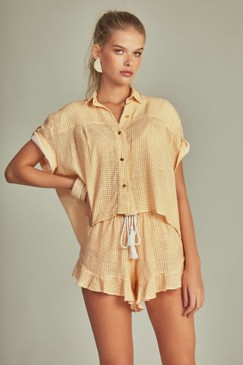 Camisa Cropped Estampa Pied de Poule