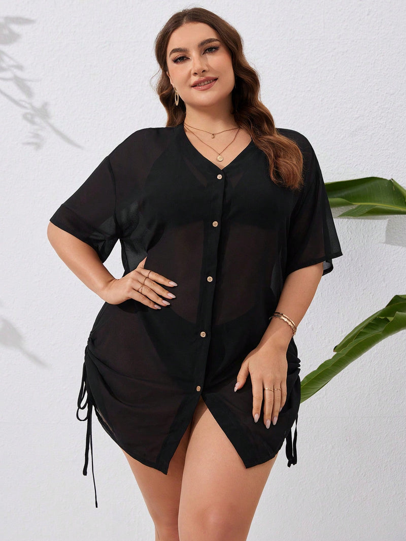 Saída de Praia Kimono feminino com Botões e Ajuste na Lateral com Cordão - Zoe. Plus Size