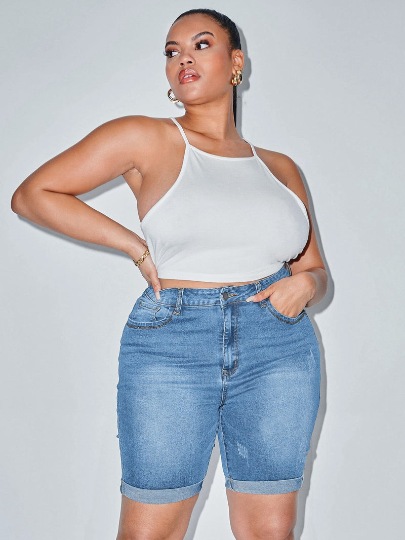 Shorts Feminino de cintura alta bainha enrolada - Federica. Plus Size