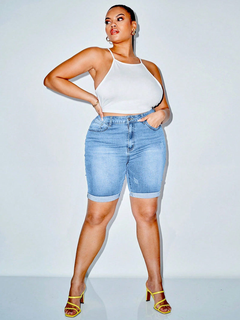 Shorts Feminino de cintura alta bainha enrolada - Federica. Plus Size