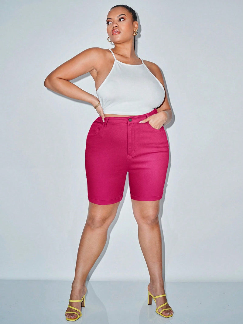 Shorts Feminino de cintura alta bainha enrolada - Federica. Plus Size