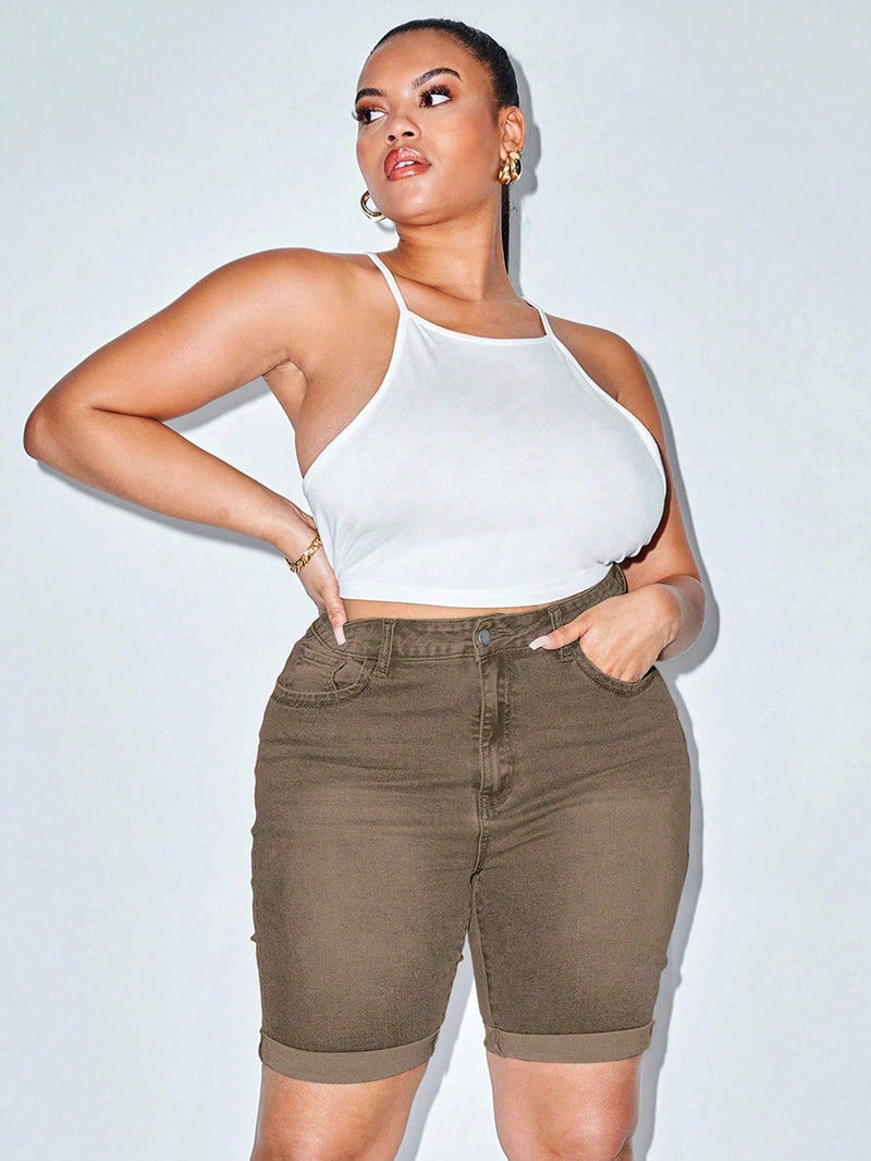 Shorts Feminino de cintura alta bainha enrolada - Federica. Plus Size