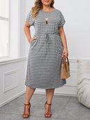 Vestido Feminino Listrado com Cintura Ajustável - Larissa. Plus Size