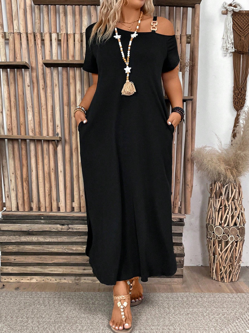 Vestido Feminino casual de Manga Curta Ombros de Fora Cleide. Plus Size