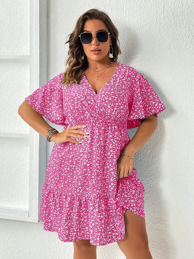 Vestido Feminino com Manga Borboleta com Babado na Barra - Liliane. Plus Size