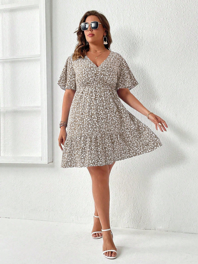 Vestido Feminino com Manga Borboleta com Babado na Barra - Liliane. Plus Size