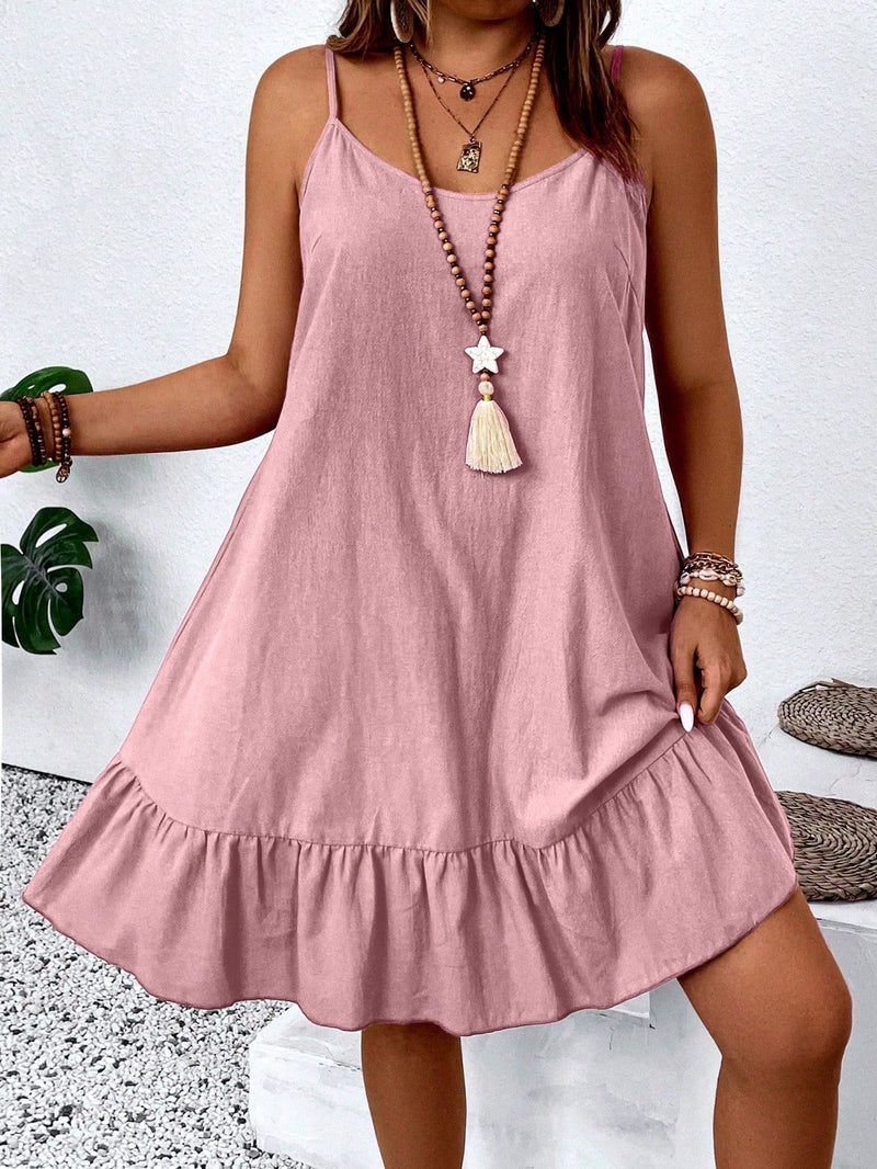 Vestido Feminino de Alça Fina com Babado na Barra - Amalya. Plus Size