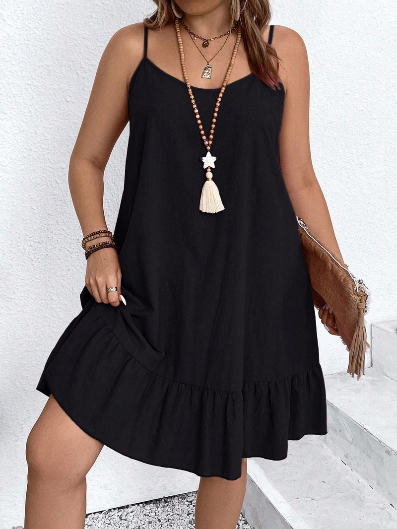 Vestido Feminino de Alça Fina com Babado na Barra - Amalya. Plus Size