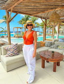 Calça Fluida Cós Renda com Elástico e Detalhes Barra Bordado Inglês