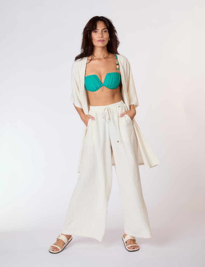 Calça Pantalona Textura Nervuras em Linho Cru