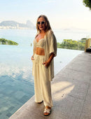 Calça Pantalona Textura Nervuras em Linho Cru