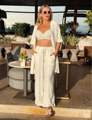 Calça Pantalona Textura Nervuras em Linho Cru